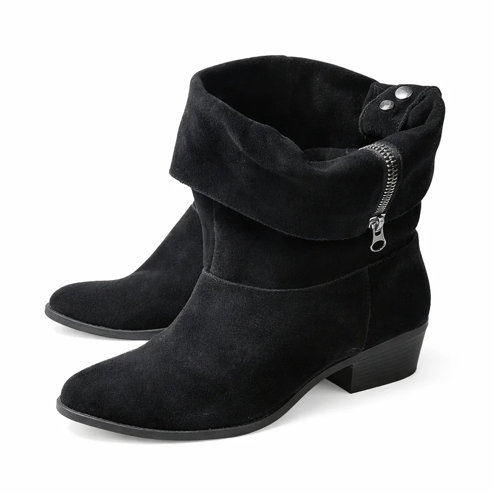 Mossimo Black Suede Fold Over Ankle Boots Size 11 Zipper Low Heel Moto Booties